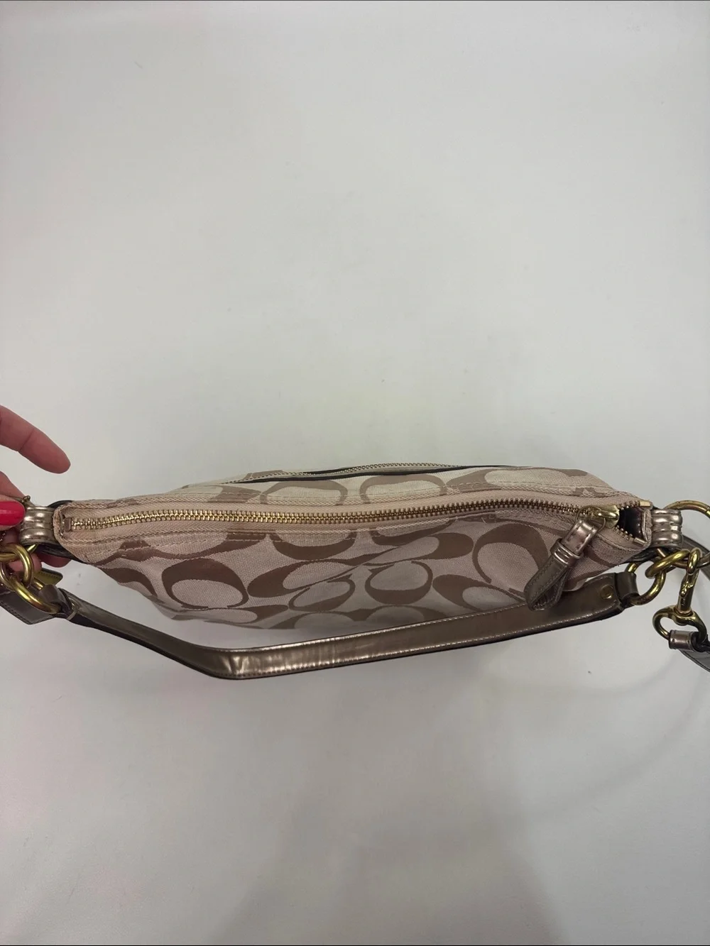 Coach Signature C Canvas Crossbody Bag Beige Gold Leather Trim Coral lined